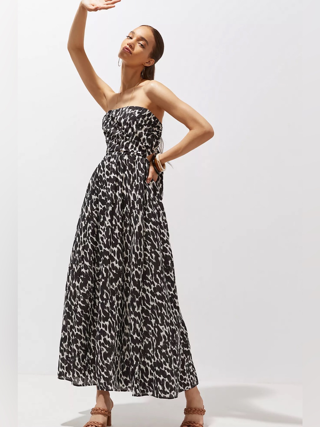 Anthropologie Shirred Cutout Maxi Dress Black White Abstract Print Women’s S